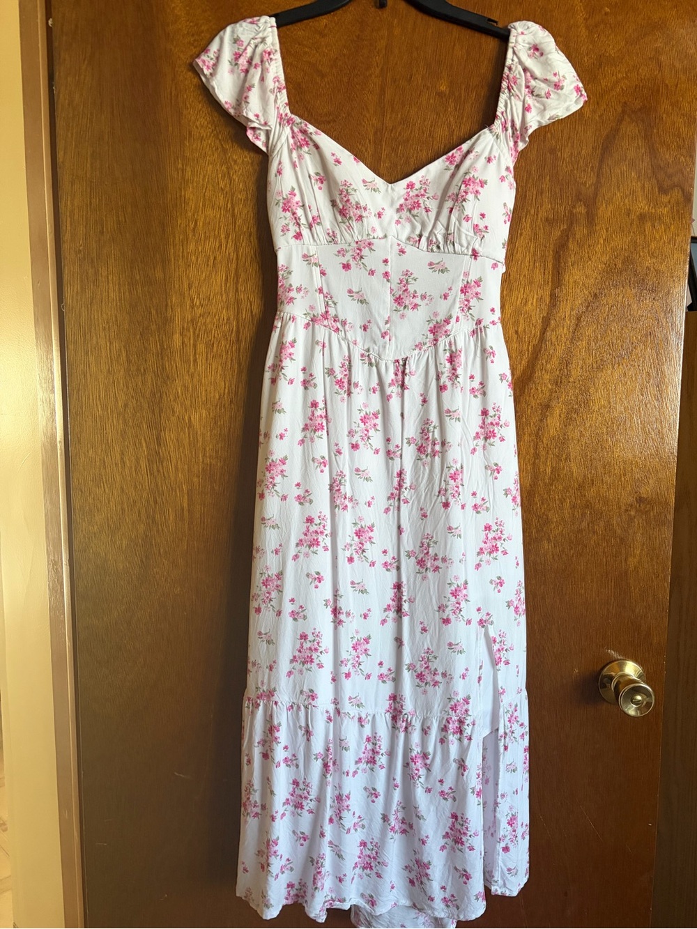 Hollister White Floral Midi Dress with Pink Blossom Print Size Small